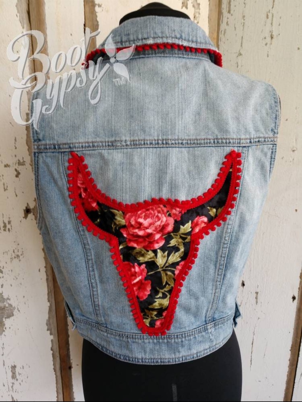 Hand Embellished AE Denim Vest with Red Trim